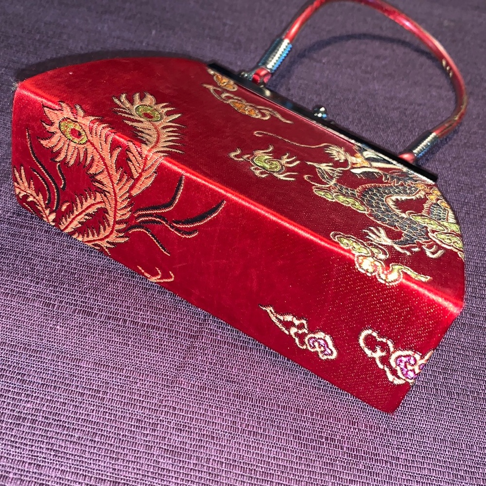 Asian Mini Red Silk Golden Dragon Snap Button Purse 4”H x 2”W x 5.5” L - Picture 13 of 13
